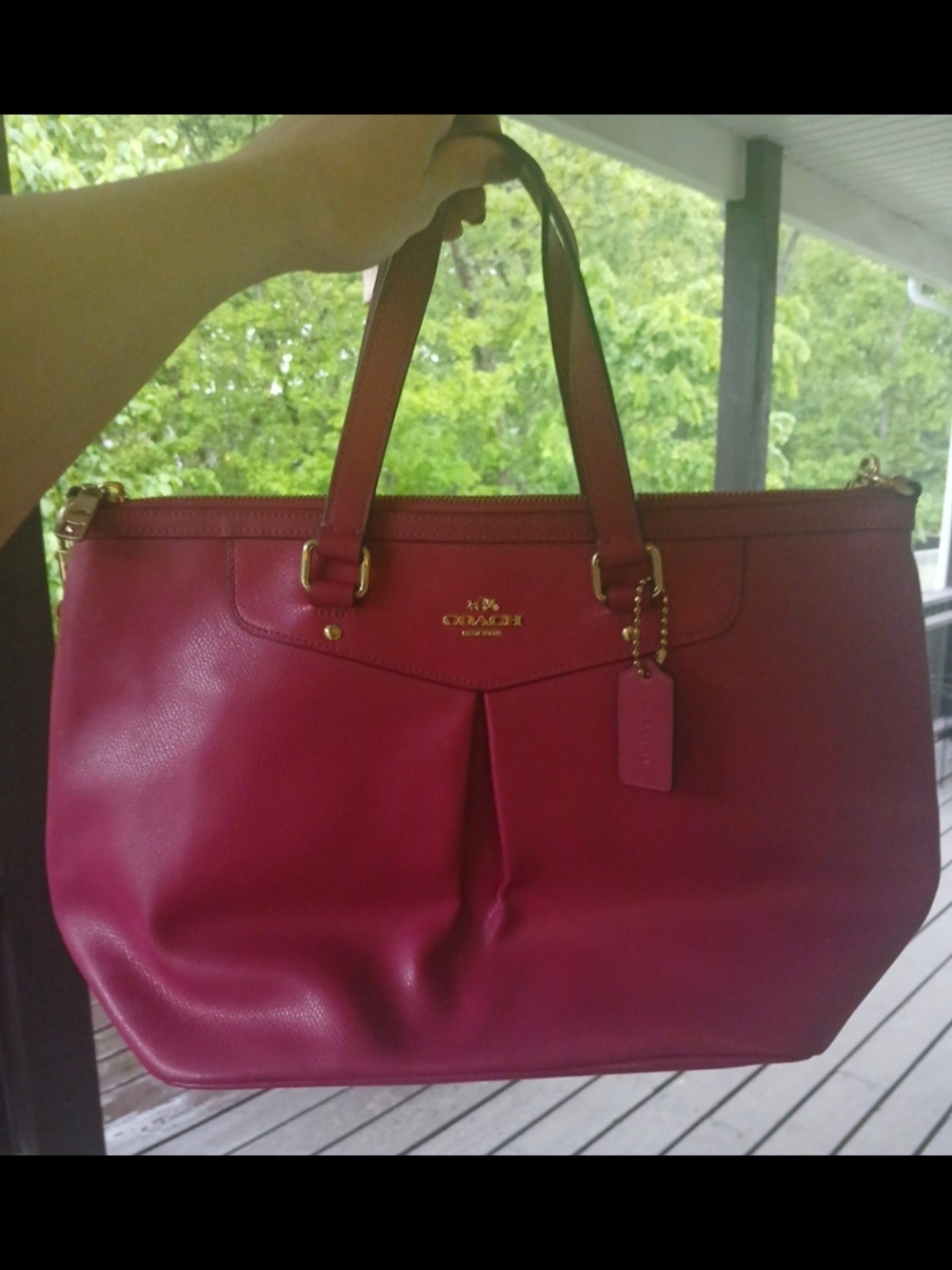 Coach Cranberry Leather Tote with Gold Hardware